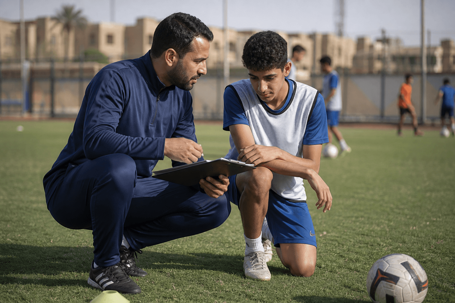 Coach giving individual feedback to a youth player during a training session