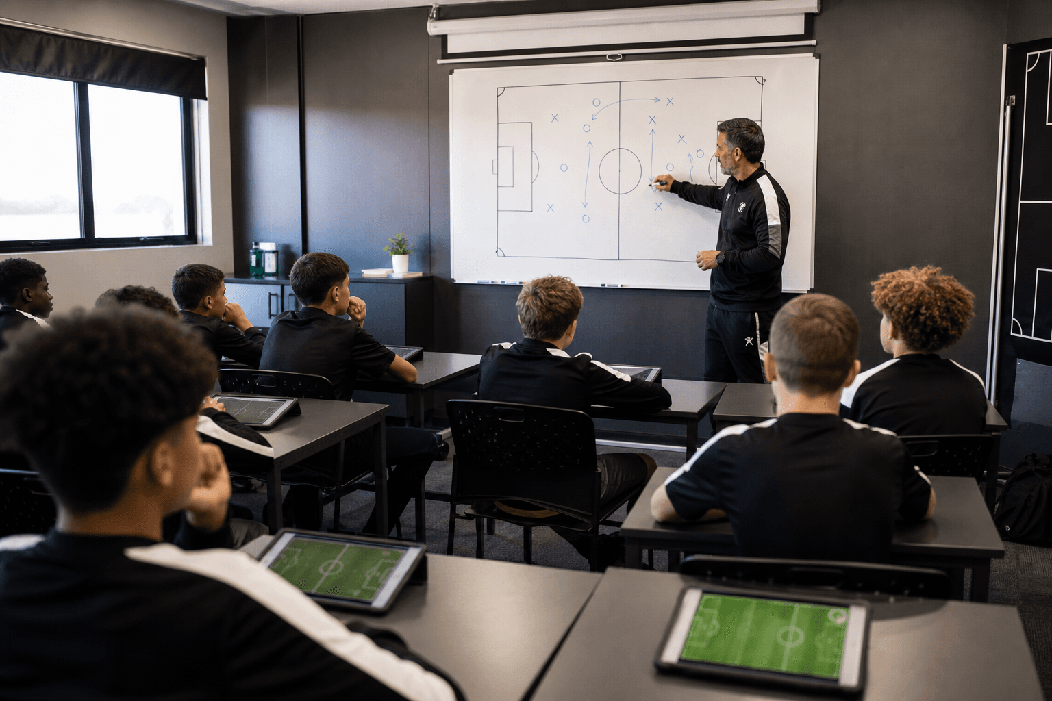 Youth players in a football education classroom session