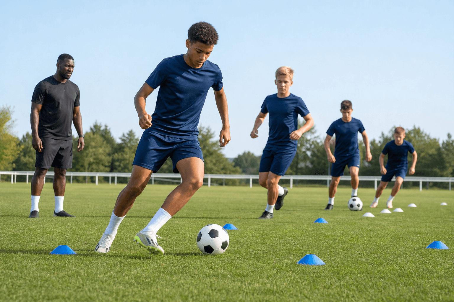 Youth players performing technical drills with cones and a ball